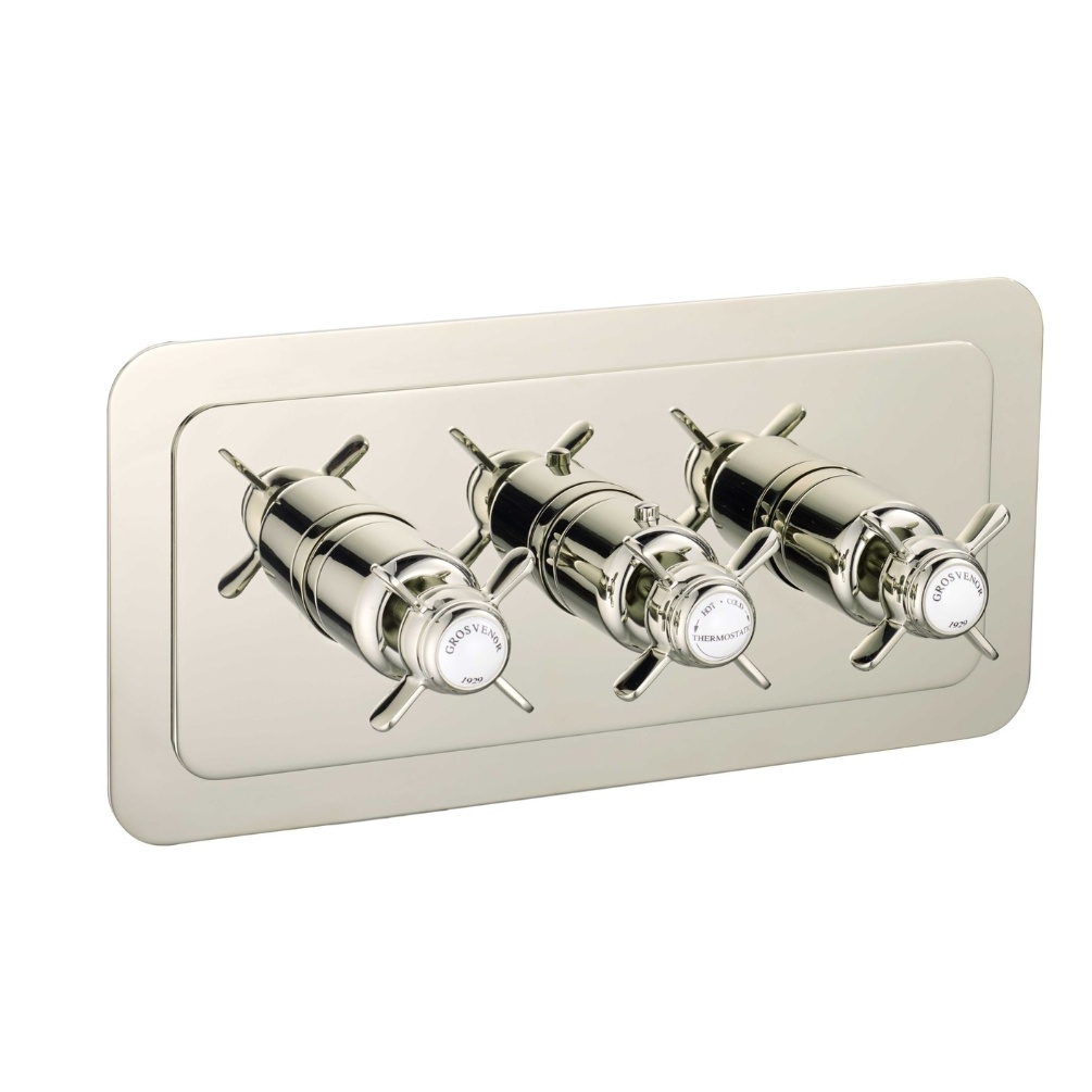 JTP Grosvenor Pinch Nickel 2 Outlet 3 Handle Landscape Thermostatic Shower Valve Cut Out